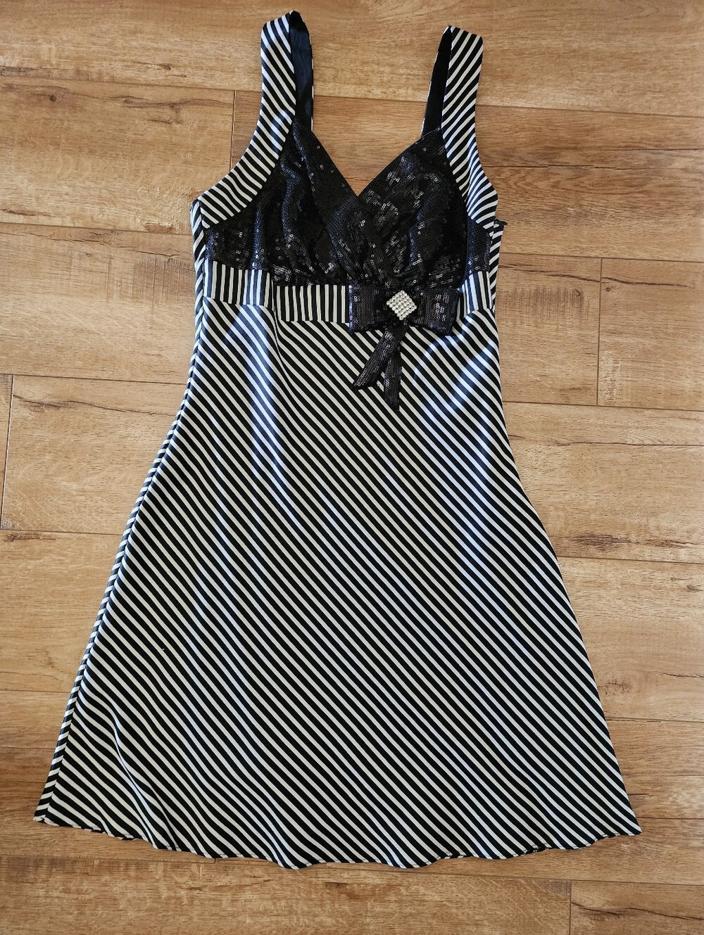 Adorable Babydoll Sequin Dress Striped Satin Rhinestone Bow Size 42 S Fit Flare